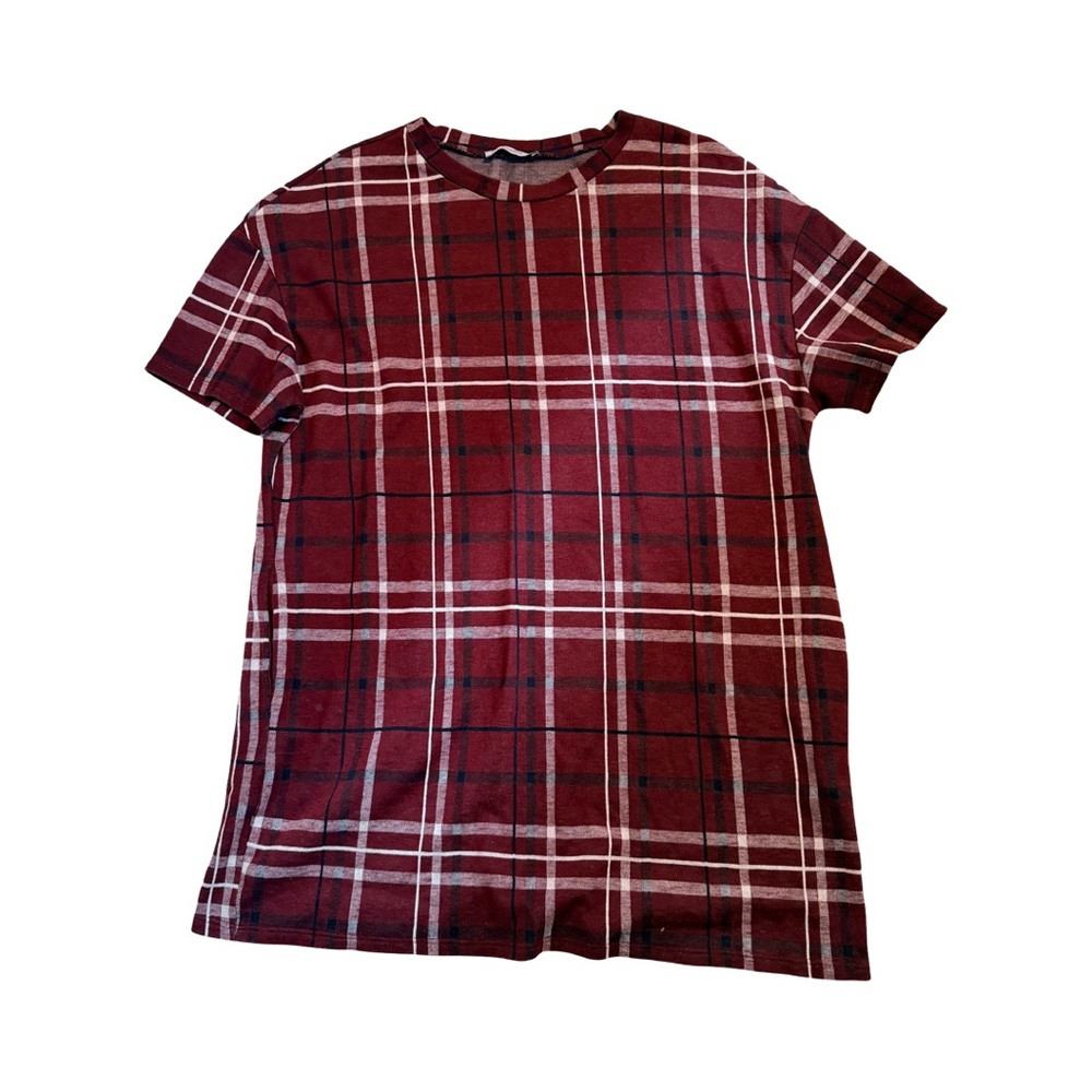 Pull&Bear Burgundy Plaid Short Sleeve Tee - Picture 2 of 4